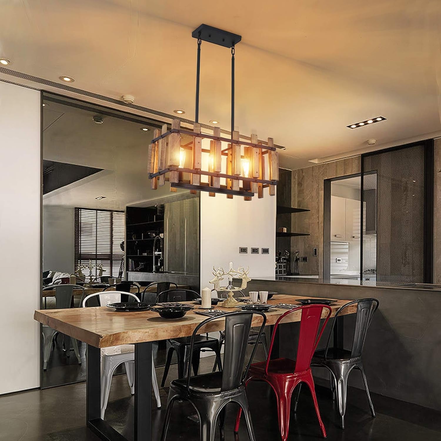 Rustic Farmhouse Pendant Light 3-Light Kitchen Island Lighting Fixture Rectangular Wood Cage Hanging Chandelier Lights for Dining Room Kitchen Island
