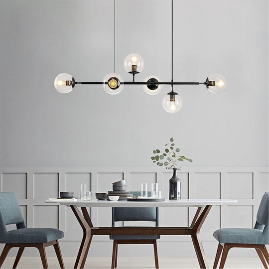 6-Light Clear Glass Globe Pendant Light Mid Century Modern Rectangular Sputnik Chandelier Vintage Black Linear Kitchen Island Dining Pendant Lighting Fixture