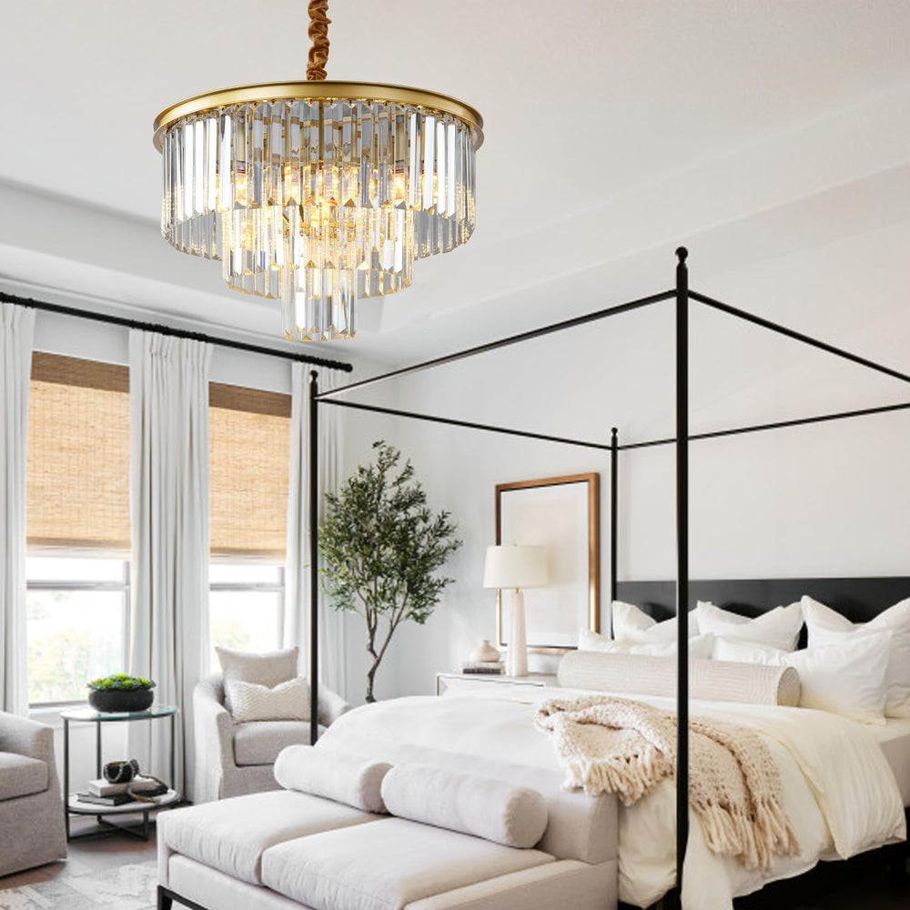 Golden Crystal Chandelier Lighting K9 Crystal round Chandelier Suspended Ceiling Light Fixture 3 Tier Suitable for Modern Dining Room Living Room Bedroom Stairs
