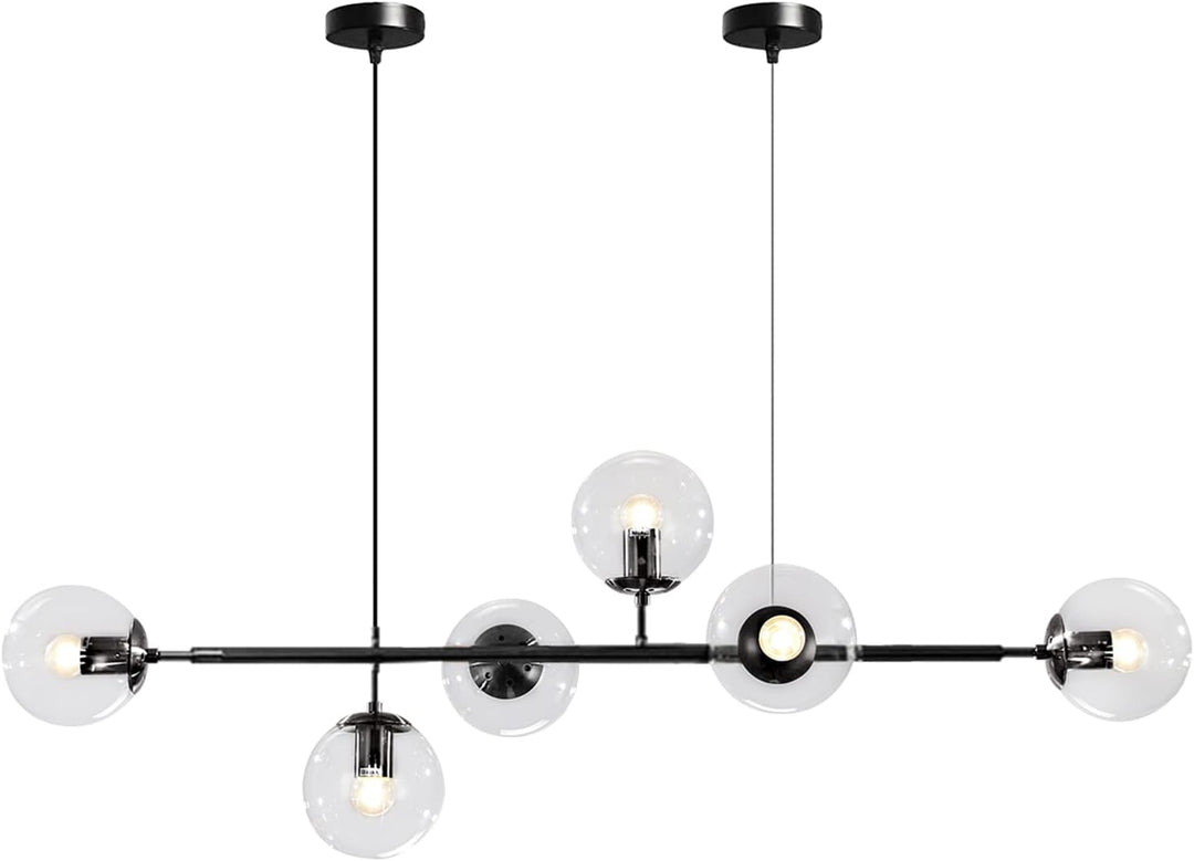 6-Light Clear Glass Globe Pendant Light Mid Century Modern Rectangular Sputnik Chandelier Vintage Black Linear Kitchen Island Dining Pendant Lighting Fixture