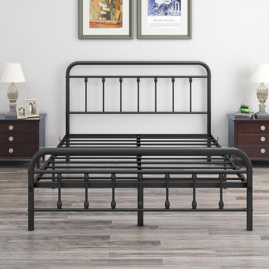 Metal Queen Bed Frame with Headboard and Footboard Farmhouse Platform Bed Frame Queen Size under Bed Storage No Box Spring Needed, Textured Black