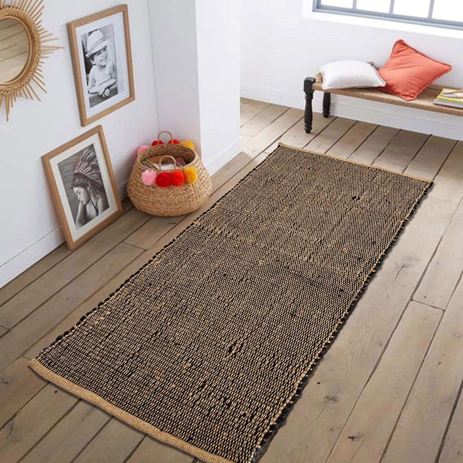 Jute and Rust Cotton Runner Rug – 2X5 Ft Handwoven Reversible Rug – Boho Farmhouse Hallway or Entryway Accent – Rustic Country Decor in Black and Natural Jute