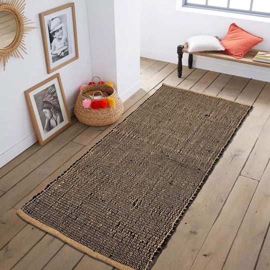 Jute and Rust Cotton Runner Rug – 2X5 Ft Handwoven Reversible Rug – Boho Farmhouse Hallway or Entryway Accent – Rustic Country Decor in Black and Natural Jute