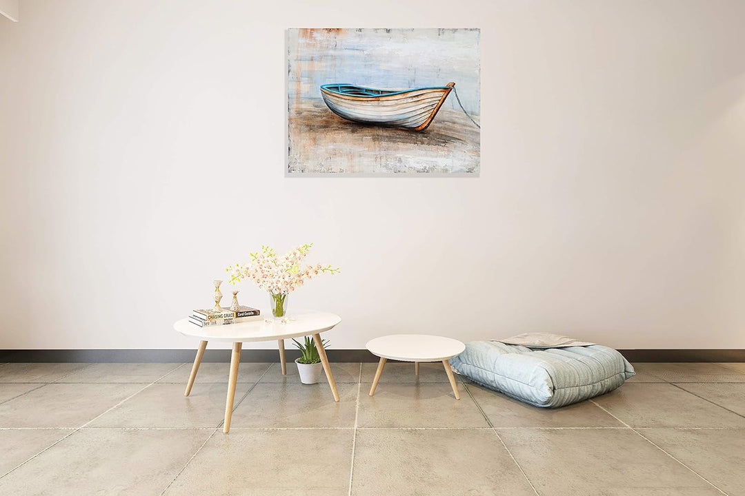 Coastal Canvas Wall Art Hand Painted Boat Still Life Painting Modern Nautical Pictures Aesthetic Artwork for Living Room Bedroom Bathroom Decor