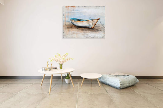 Coastal Canvas Wall Art Hand Painted Boat Still Life Painting Modern Nautical Pictures Aesthetic Artwork for Living Room Bedroom Bathroom Decor