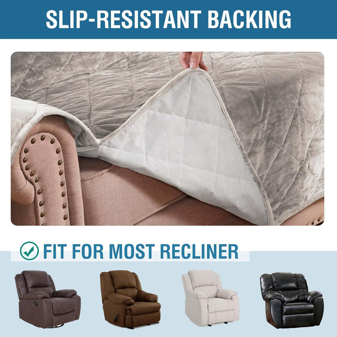 Thick Velvet Quilted Recliner Covers for Recliner Chair Covers Reclining Chair Slipcover Recliner Couch Cover with Non Slip Backing and Wider Elastic Strap (Oversaized Recliner, Taupe)