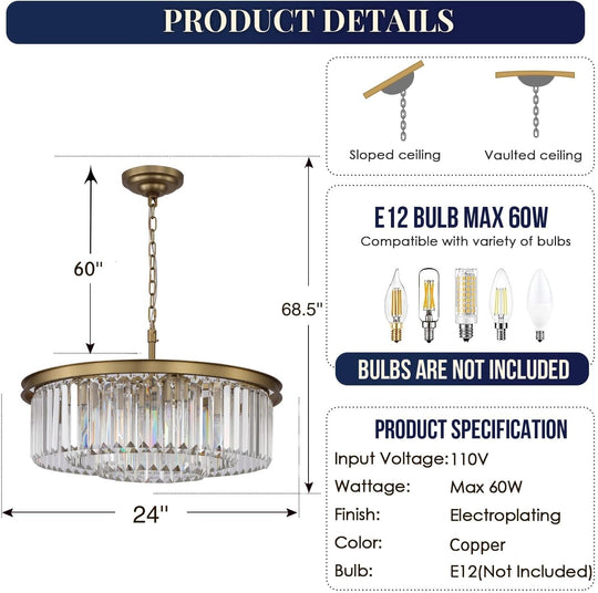 Crystal Chandelier Pendant Ceiling Lights Gold Chandeliers Lighting Fixture for Dining Living Room Foyer Hallway 8-Lights (Dia 24 Inch)
