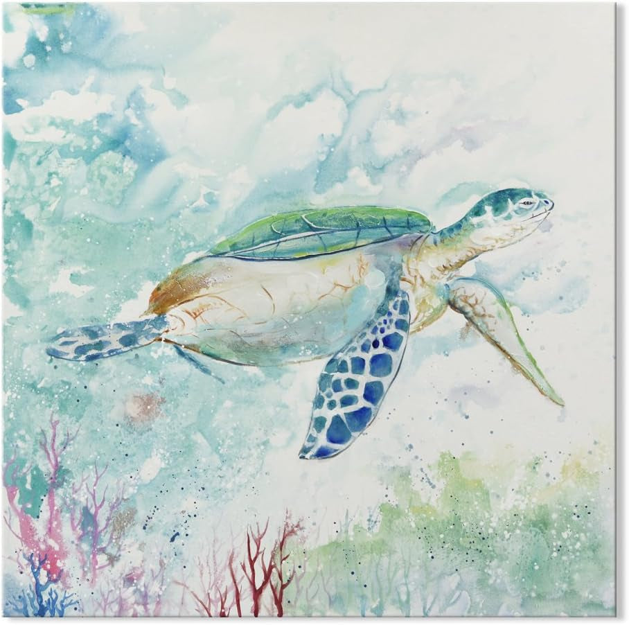 Sea Turtle Wall Art Bathroom Wall Décor Ocean Animal Pictures Painting Blue Green Beach Theme Canvas Print Nautical Coastal Artwork for Bedroom Living Room Office Home Décor