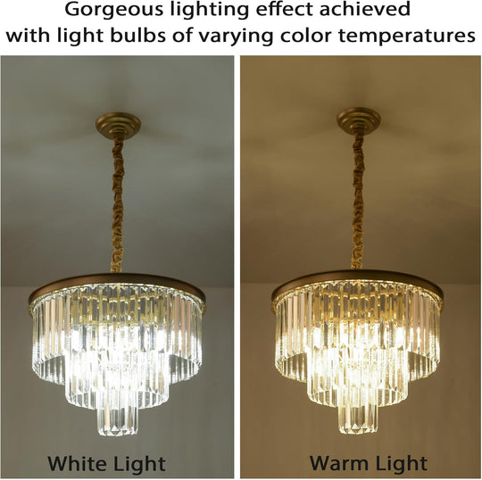 Golden Crystal Chandelier Lighting K9 Crystal round Chandelier Suspended Ceiling Light Fixture 3 Tier Suitable for Modern Dining Room Living Room Bedroom Stairs
