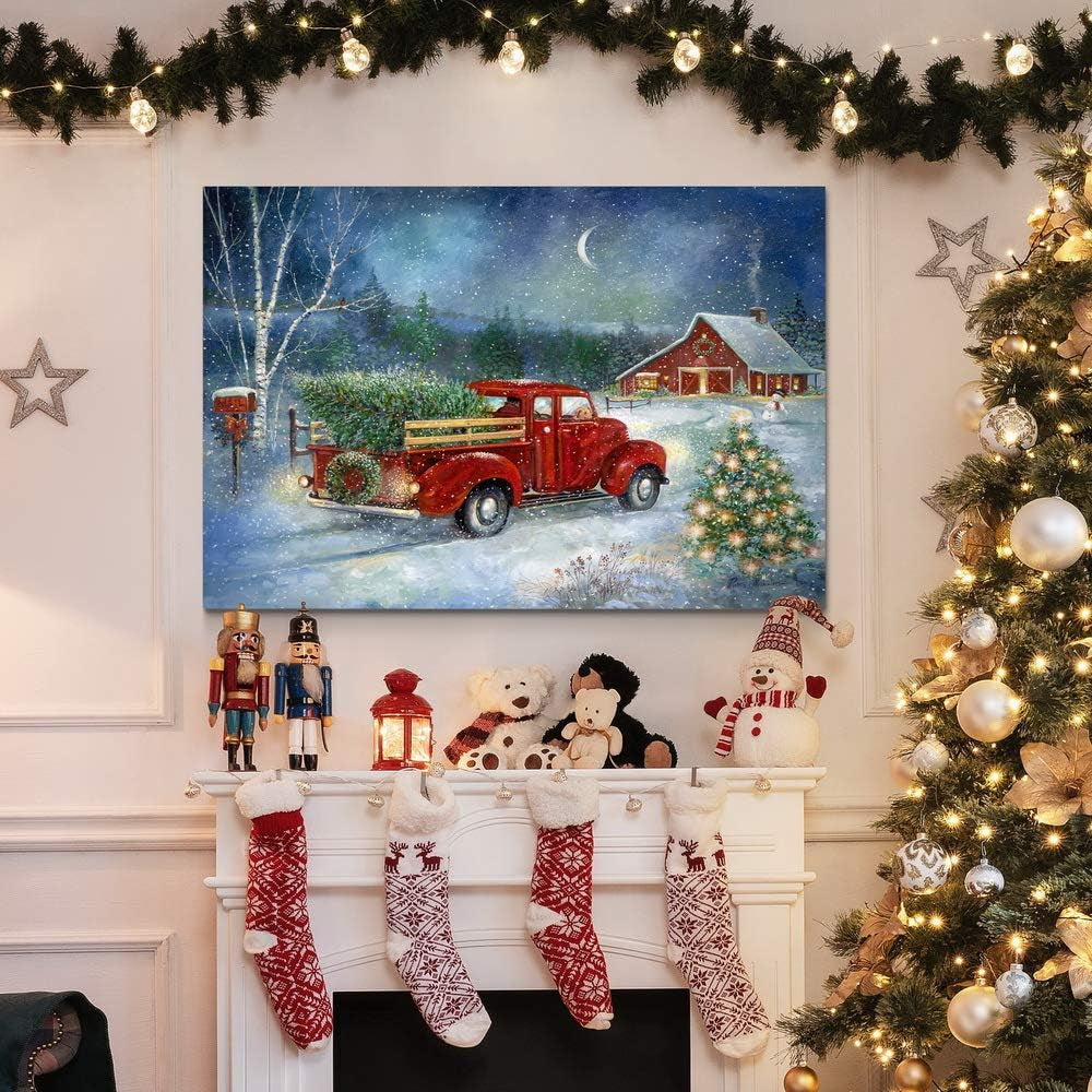 Canvas Nature Wall Art Paintings & Prints Serene Snowy Christmas Red Barn Modern Festival Glam Wall Hanging Artwork Decorations for Bedroom Office Kitchen - 24"X36" LT20