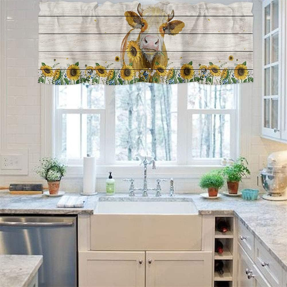Sunflower Valances for Kitchen, Sunflower Cow Valances for Windows, Floral Kitchen Curtains Rod Pocket Bathroom Curtains Window, Kitchen Window Curtains over Sink, 54X18In Kitchen Valances for Windows